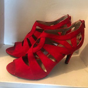 Classic Red Suede Zip Up Booty Heels